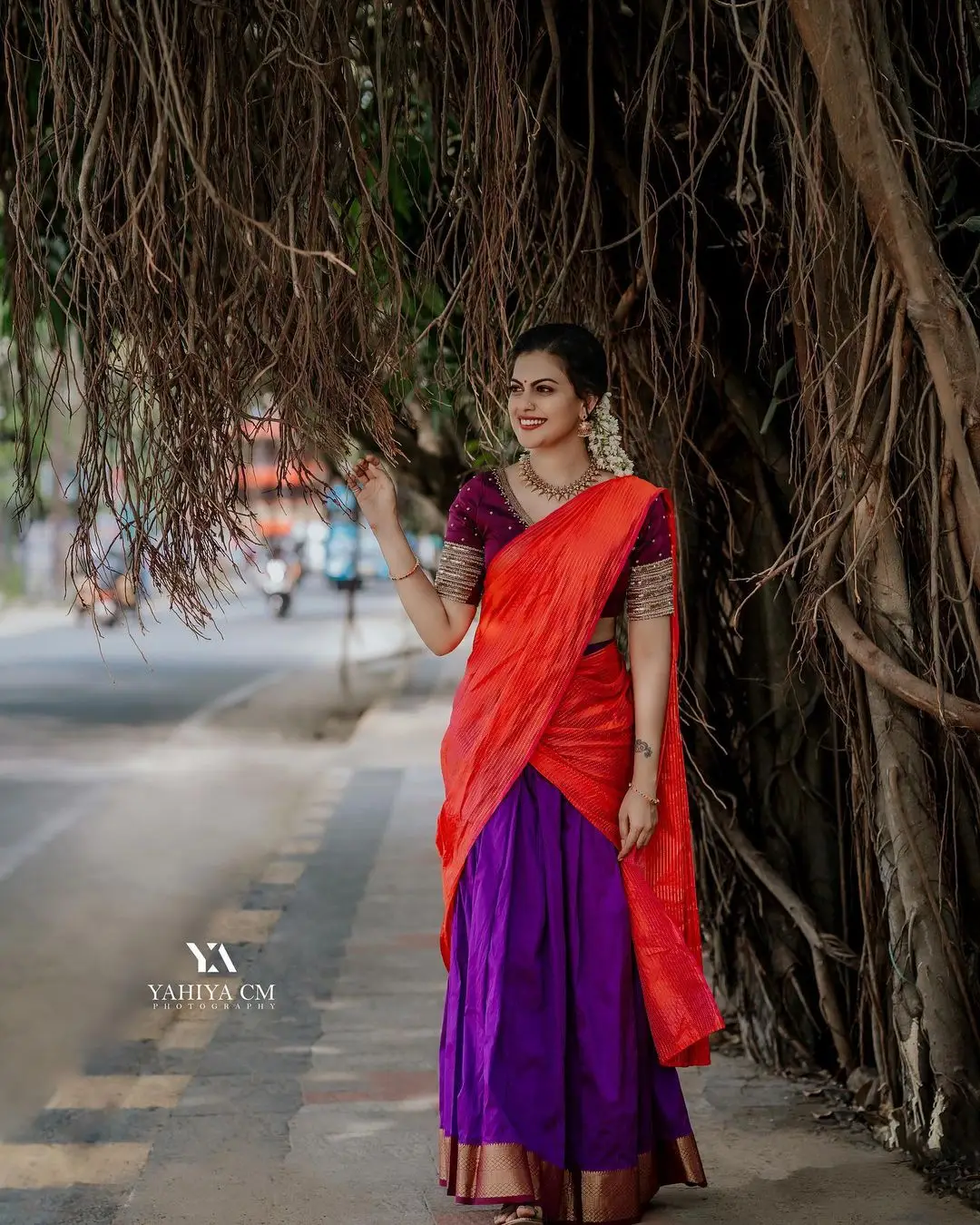 Anusree Nair in Beautiful Earrings Jewellery Red Saree Blue Blouse